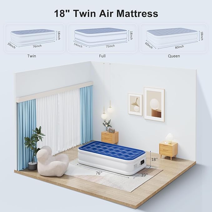 Twin Air Mattress with Built in Pump, 18" Raised Inflatable Mattress, Self Inflating Blow Up Bed, Comfort Portable Air Bed with Carry Bag for Camping, Home, Guests, Travel 550 lbs Max