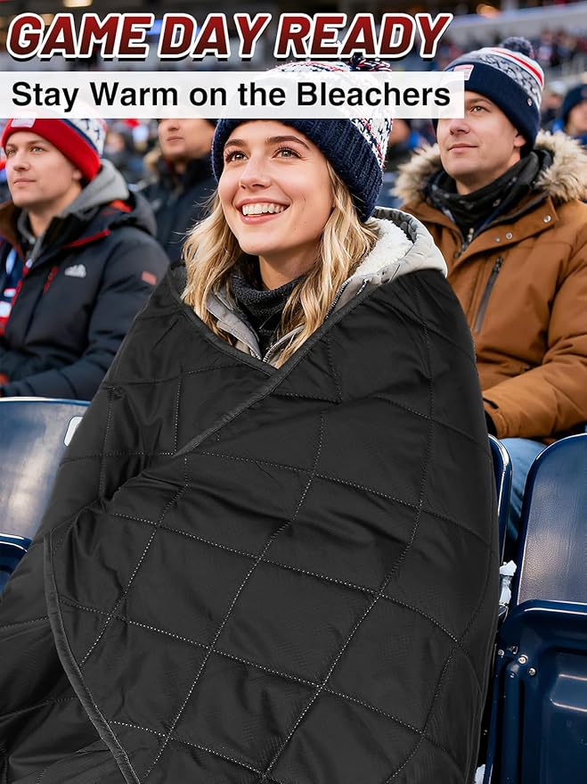 Aulock 55''W x 60''L Warm Outdoor Stadium Blanket Waterproof - Portable & Windproof Black Blanket with Sherpa Fleece Lining for Camping Winter Cold Weather