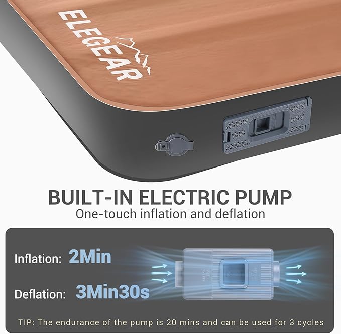 Elegear CumbreX™ Air & Foam Self Inflating Sleeping Pad, Built-in Electric Pump 4" Ultra-Thick Memory Foam Camping Mattress with Pillow Double Camping Pad 4-Season R-Value 9.5 Camp Mat (Khaki,Full)