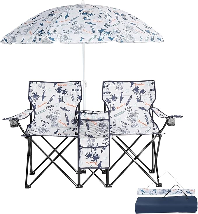 Outvita Folding Double Camping Chair w/Umbrella Beverage Holder Carrying Bag Cooler Fold Up Table, Large Bearing Capacity for Beach Patio Pool Park Outdoor Shark Pattern