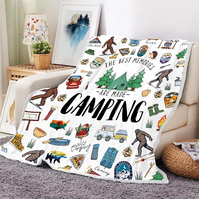 Big Foot Camping Blanket Outdoor Camper Theme Froest Animal Mountain Bear Plush Throw Blanket Soft Fuzzy Flannel Blanket for Bed Couch Sofa Decor Blankets RV Camping Big Foot Blankets Gifts