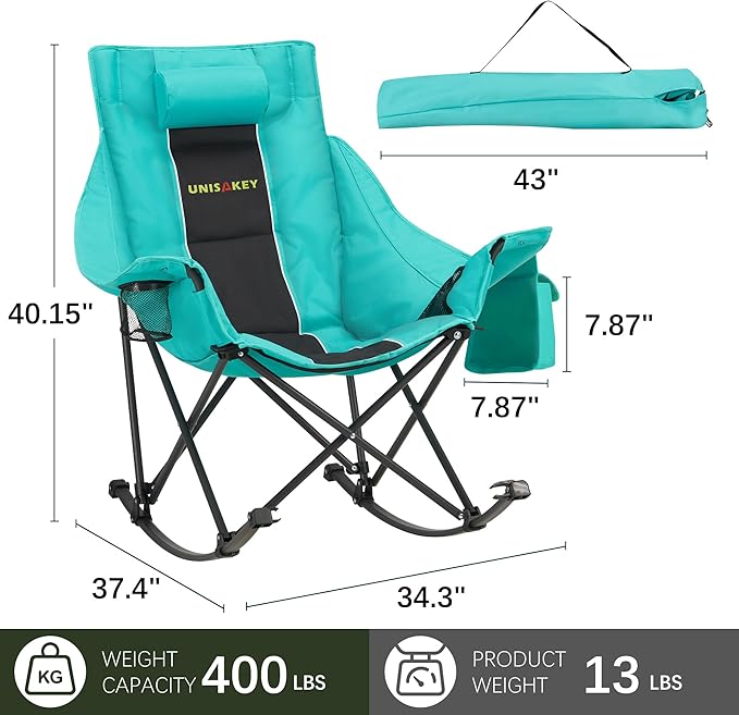 Unisakey Oversized Rocking Camping Chair with Headrest & Cup Holder - 400lbs Capacity, 600D Oxford Fabric, Easy Fold Portable Outdoor Rocker Chair for Camping, Backyard, Beach, Blackgreen