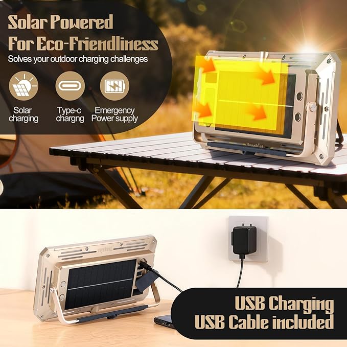 Solar Rechargeable Work Light with Power Bank & Battery Indicator, 178 LED Portable Flood Light with Magnetic Base, 4 Modes IP44 Waterproof Job Site Lamp for Camping, Fishing, Car Repair (Gold Body)