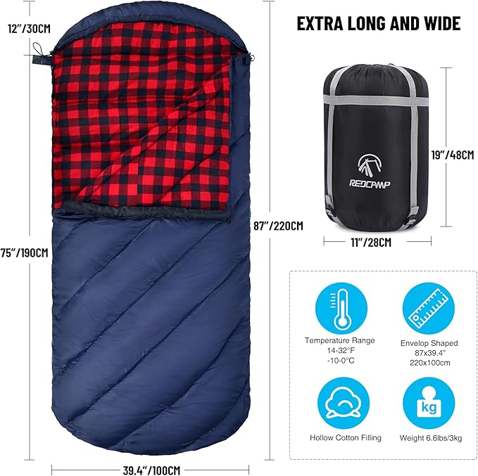 REDCAMP Flannel Sleeping Bag for Adults, Comfortable Cotton Sleeping Bags for Camping with Detachable Hood, Red/Grey/Blue/Black