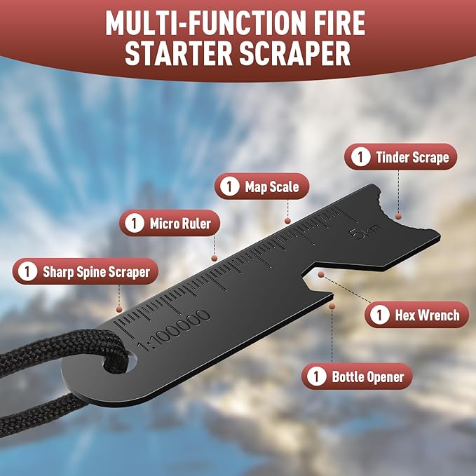 BBTO Striker Scraper Ferrocerium Rod Scraper Steel Ferrocerium Rod Striker Flint Fire Starter with Keychain Ring for Survival Drilled, Emergency, Camping, Backpacking, Hiking, Bush-Craft