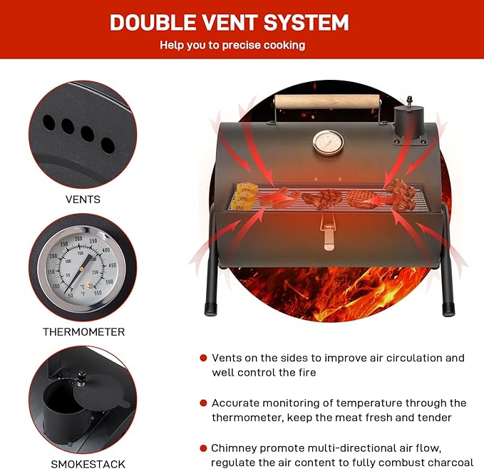 Outvita Portable Charcoal Grill, Tabletop Multi-functional Barbecue Smoker, Small BBQ Grill for Outdoor Cooking Camping Hiking Picnic Garden Beach Party