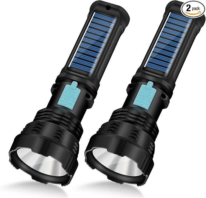 VOETIR Led Solar Flashlight, 1500 Lumens Led Solar Handheld Rechargeable Flashlights with IP65 Waterproof, 2000mAh Battery for Survival Emergencies Camping (2 Packs)