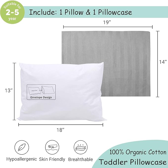 ZPECC Toddler Pillow with Pillowcase - 13x18 Organic Cotton Hypoallergenic Kids Pillow, Baby Essentials for Travel Crib Daycare Stroller (Intended for Age 2 and up) Grey Stripe