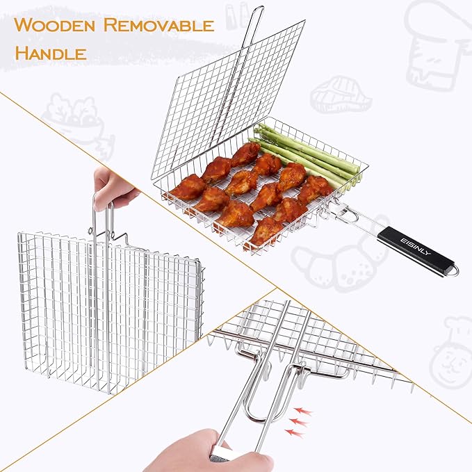 Portable Grill Basket, EISINLY BBQ Grilling Basket for Outdoor Grill with Removable Handle, Stainless Steel Camping Cooking Grill Accessories for Chicken Fish Vegetable