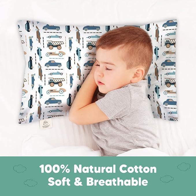 KeaBabies Toddler Pillowcase 13"x18" - Organic Cotton Toddler Pillowcase for Kids, Boys, Girls, Soft & Durable Cotton Cover for Miniature Sleepy Pillows, Cute Colors, Pillow Sold Separately (Vroom)