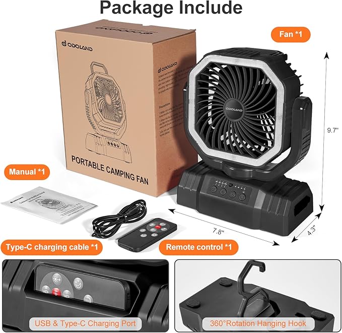 Odoland Portable Camping Fan with LED Lantern, 20000mAh Rechargeable Battery Powered Fan with Auto Oscillation, Timer, Remote, 360° Rotation Hook, 4 Speeds for Power Outage Travel Home,Black