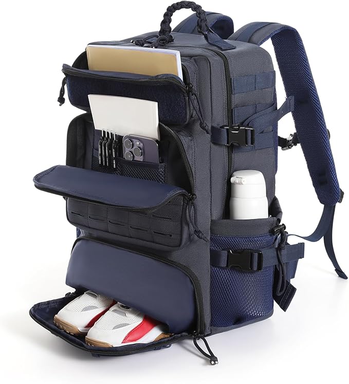 Tactical Backpack for Men, Military Backpack with Shoe Compartment, Travel Hiking Hunting Gear Bag with Molle System, Blue