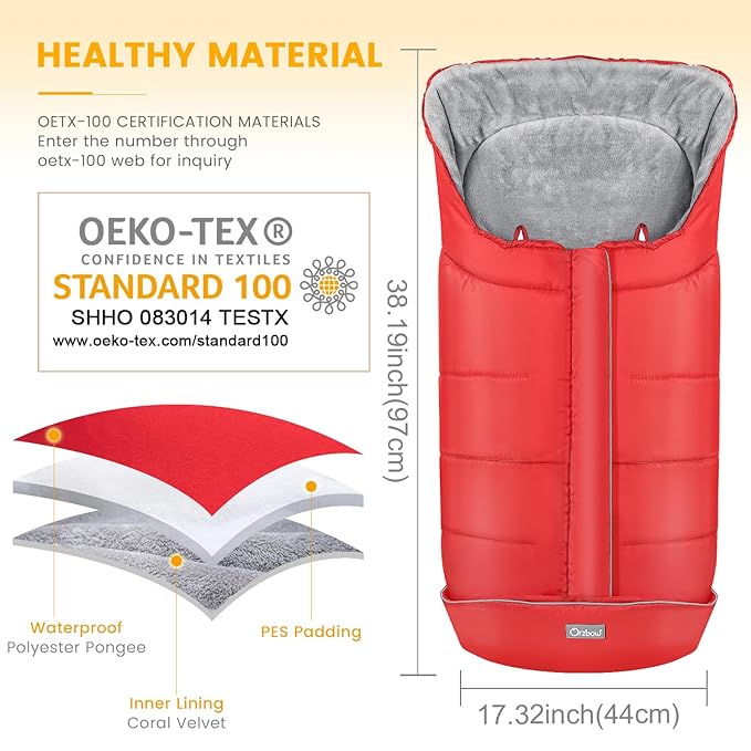 Orzbow Warm Bunting Bag Universal, Stroller Sleeping Bag Cold Weather, Waterproof Toddler Footmuff (Red, Large)
