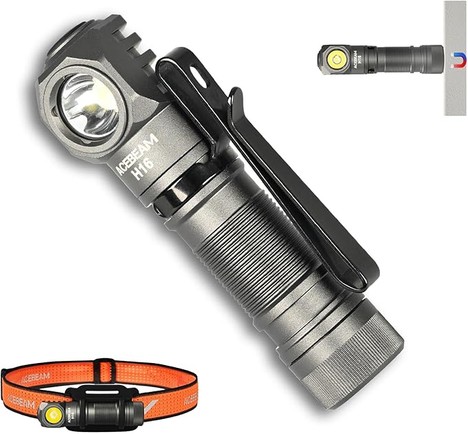 ACEBEAM H16 1000 High Lumens Rechargeable Led Headlamp Flashlight, EDC AA Right Angle Flashlight with Magnet, Pocket Mini Small Flash Light with Clip for Working, Camping, Running, with Headband kit