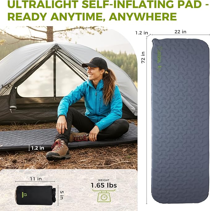ATEPA Self-Inflating Sleeping Pad, Compact Foam Camping Pad with 3cm High-Resilience 4-Side-Compression Sponge, Lightweight & Portable Mat for Backpacking, Hiking, Camping, Grey