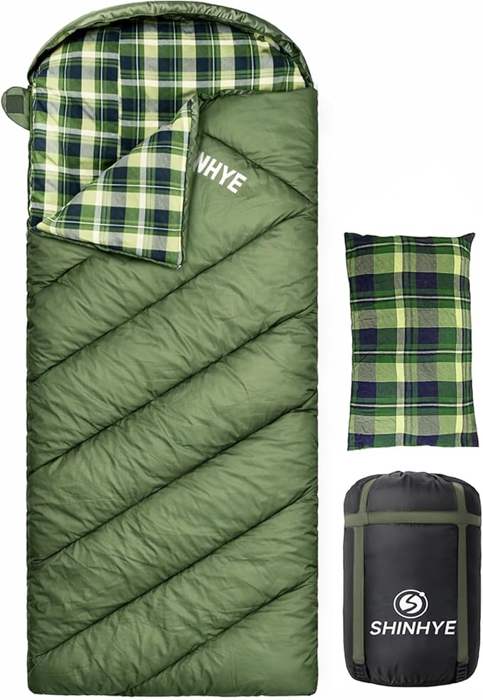 ShinHye 0 Degree Sleeping Bag for Adults - Cotton Flannel 4 Season Cold Weather Winter, XXL Big and Tall Camping Sleeping Bag with Compression Sack
