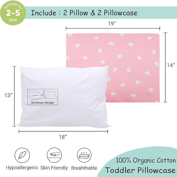ZPECC Toddler Pillow with Pillowcase 2 Pack - 13x18 Organic Cotton Hypoallergenic Kids Pillow, Baby Essentials for Travel Crib Daycare Stroller (Intended for Age 2 and up) Love