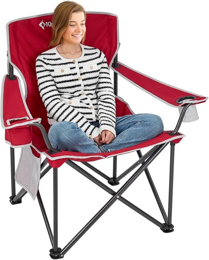 KingCamp 2pack Red Oversized Camping Chair with Cup Holder & 3 Storage Pockets - Heavy-Duty 360lbs Capacity Folding Lawn Chair, Portable Compact Foldable Outdoor Chair for Camping, Fishing, BBQ