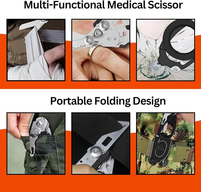 6 in 1 Multifunctional Trauma Shears Foldable With Strap Cutter | Heavy Duty Stainless Steel Emergency Response | Survival Shears With Holster | Medical Tactical | Orange