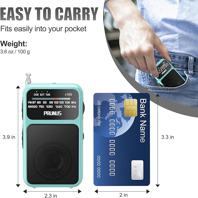 PRUNUS J-555 Pocket Radio AM FM USB-C Charging& Battery Operated, Excellent Reception& Clear Speaker and Headphone Jack, Back Clip, Flashlight, Transistor Radios, Portable Radios AM FM, Mini Radio