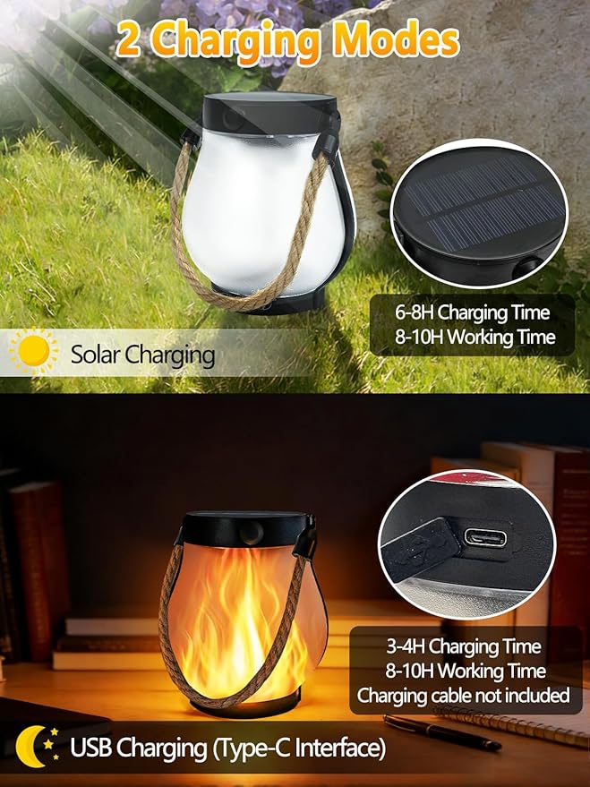 1 Pack Gen2 Solar Lights Outdoor Waterproof, Solar Lantern with Dancing Flame, 2 Lighting Modes, Dual Charging USB & Solar Powered, with Hanging Rope Handle for Patio Yard Garden Tree Tabletop Decor