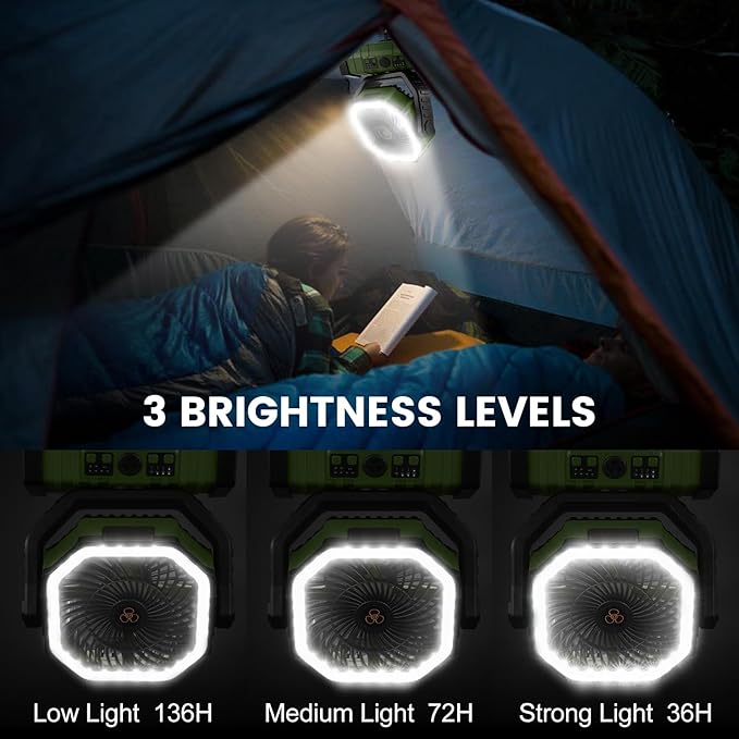 Odoland 30000mAh Camping Fan with LED Lantern, Rechargeable Battery Operated Oscillating Fan with Remote & Hook, Portable Tent Fan with Timer, 4 Speeds for Outdoor Camp RV Jobsite Power Outage, Green