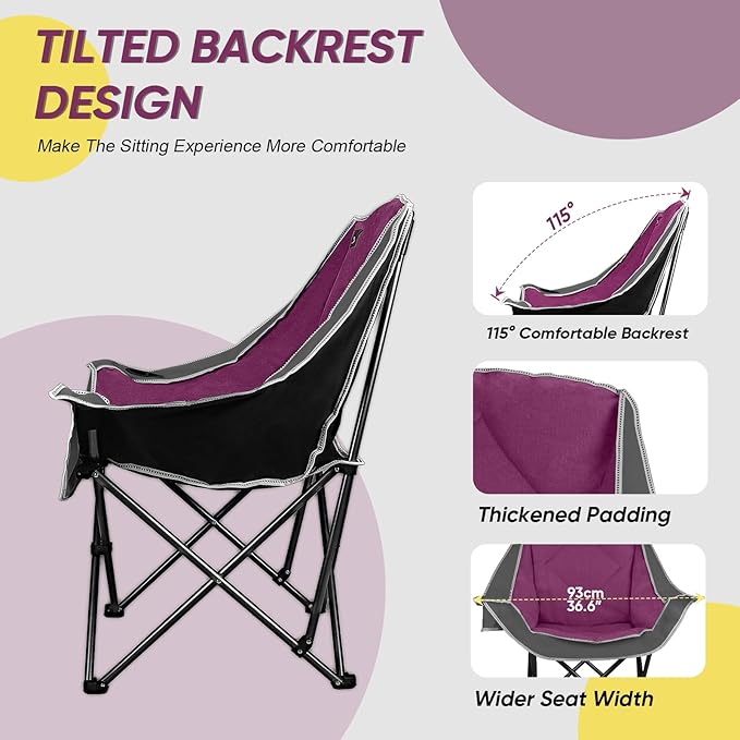Northroad 2 Pack Oversized Camping Chair,Outdoor Padded Folding Lawn Chair w/Cup Holder,Carry Bag for Beach, Hiking, and Picnics,Heavy-Duty 300-lbs Capacity, Grey&Purple