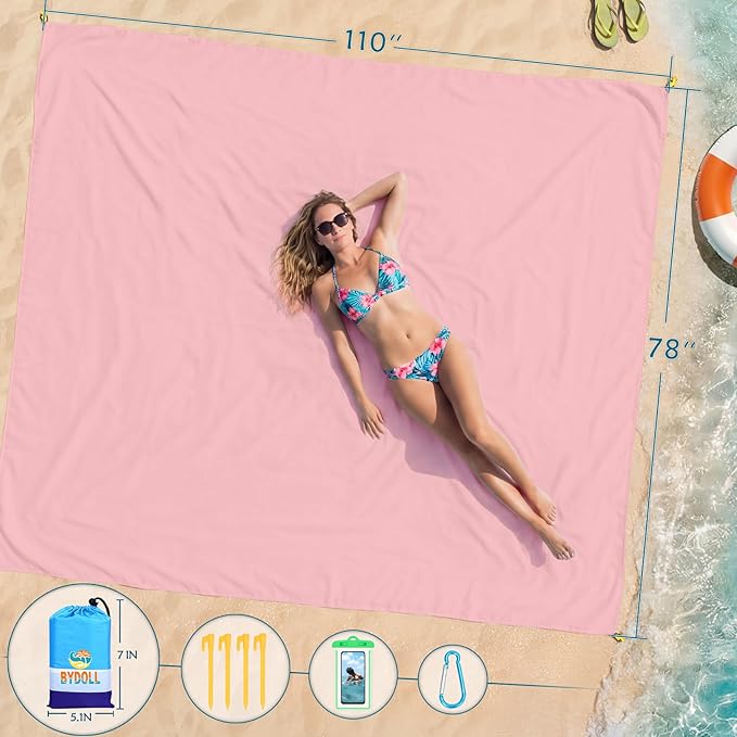 BYDOLL Beach Blanket Waterproof Sandproof Large Sand Free, 78''X110'' Oversized Sandless Lightweight Blanket Picnic Mat for Beach Travel Camping Hiking with Stakes