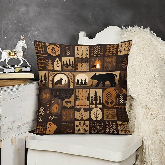 ITFRO Set of 2 Birthday Gift Wildlife Bear Deer Forest Bonfire Pine Tree Short Plush Both Sides Square Retro Checkered Throw Pillow Cover Cushion Case Farmhouse Sofa Decor 18x18 Inches (Dark Brown)
