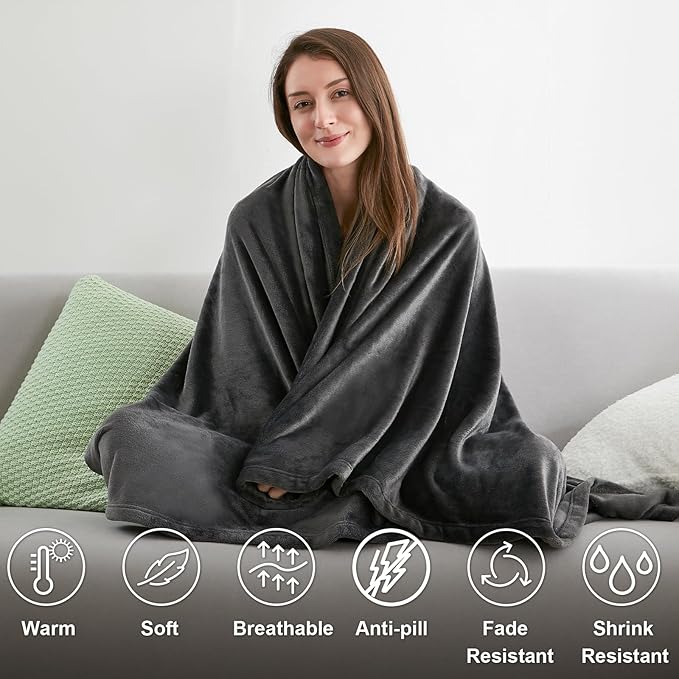 Hansleep Fleece Queen Blanket for Bed Fleece Charcoal, Queen Size Super Soft Flannel Fuzzy Plush Cozy Blanket for All Seasons, Charcoal, Queen 90x90 Inches