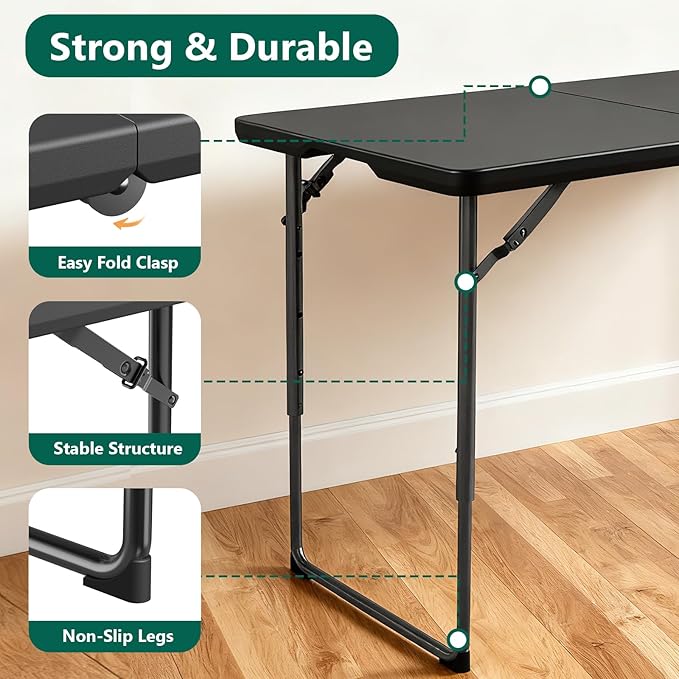 Folding Table 48" x 24" - Heavy Duty Fold-in-Half Plastic Table with Adjustable Height, Portable Utility Tables with Steel Legs for Indoor, Outdoor, Picnic, Camping, Dining, Party (Black)