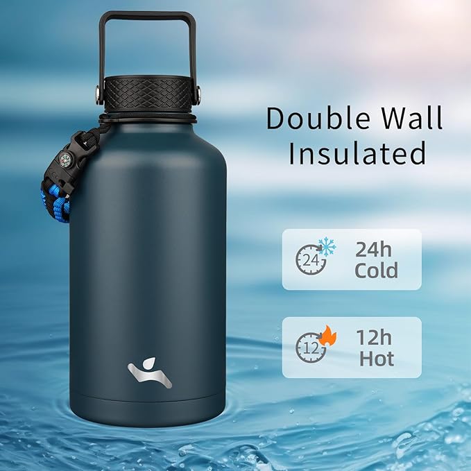 Konokyo Half Gallon Insulated Water Bottle with Straw,64 oz 3 Lids Water Jug with Carrying Bag,Paracord Handle,Double Wall Vacuum Stainless Steel Metal Flask,Navy Blue