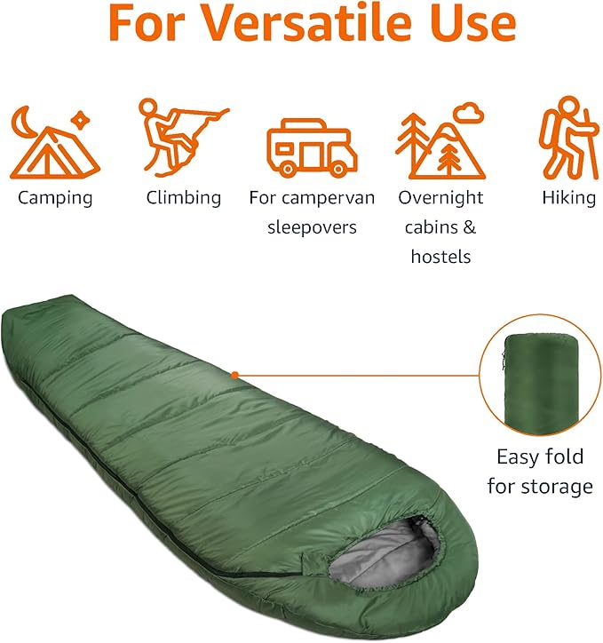 Amazon Basics 20°F Cold Weather Mummy Sleeping Bag for Hiking, Outdoor Camping with No-Snag Zipper, Portable, 82" x 33", Olive Green