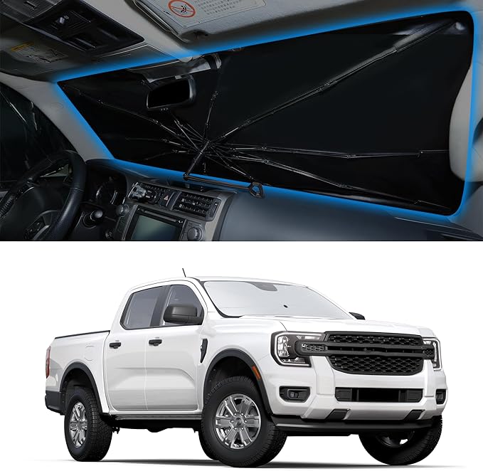 Windshield Sun Shade Umbrella Compatible with 2019-2024 2025 2026 Ford Ranger Accessories Custom Fit Sunshade Sun Visor Heat Protection Keep Car Interior Cool