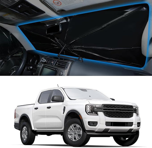 Windshield Sun Shade Umbrella Compatible with 2019-2024 2025 2026 Ford Ranger Accessories Custom Fit Sunshade Sun Visor Heat Protection Keep Car Interior Cool