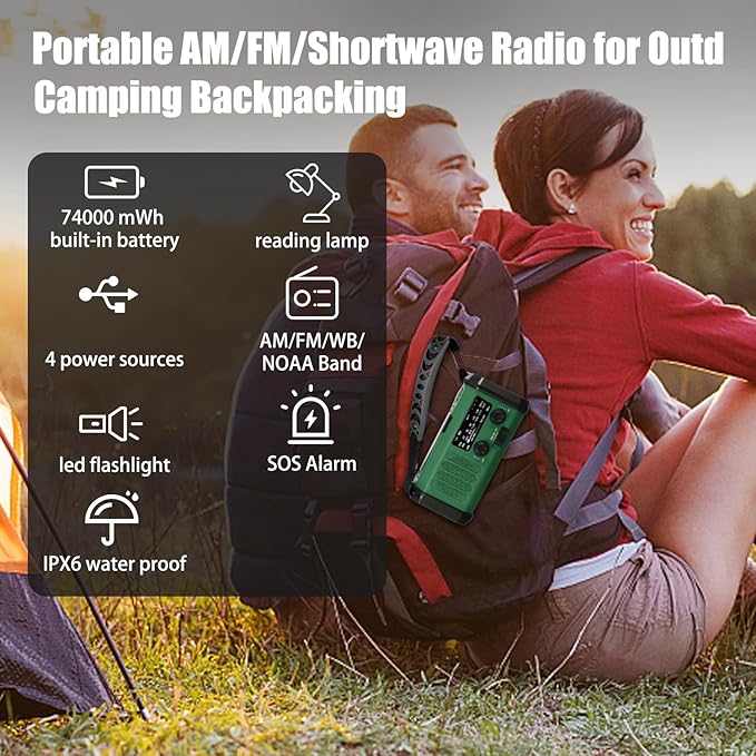 QAUYYW Hand Crank Emergency Radio,74000mWhSolar Powered Hand Crank Portable NOAA AM FM Weather Radio with 3Mode Flashlight and Reading Light,Cell Phone Charger,Home and Emergency Distress Signall