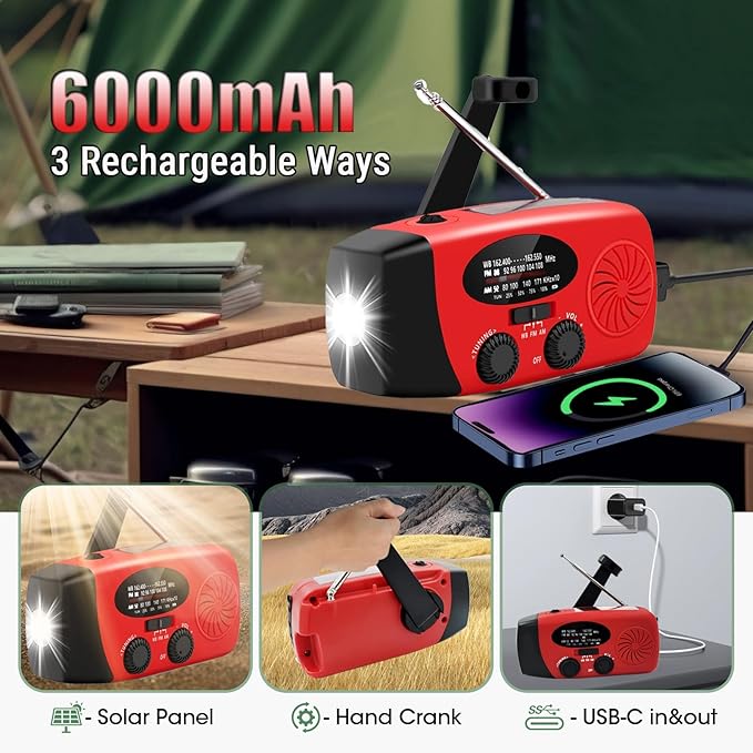 6000mAh/22200mWh Emergency Weather Radio, AM/FM/NOAA Hand Crank Solar Powered Radio, Emergency Phone Charger, 1W 4 Modes Flashlight, SOS Alarm, Earphone Jack, for Emergency