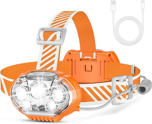 MIOISY Rechargeable Headlamp, High Lumen 5 LED Head Lamp with Red White Light, IPX4 Waterproof Headlight,8 Mode Head Flashlight for Outdoor Running Hunting Fishing Hiking Camping Gear-Orange