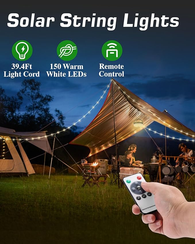 Anpro Solar Camping String Lights 4 in 1: 39.4Ft Ultra Long 150LEDs, 3600mAh Outdoor String Lights Solar Powered and USB Rechargeable Light with Remote Control, Portable Camping Light for Hiking