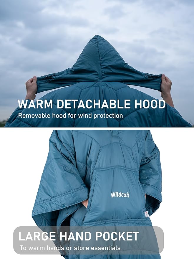 WildCall Hooded Camping Blanket with 3M Thinsulate Insulation Wearable Poncho Blanket Ultralight Foldable Quilt Sleeping Bag for Outdoor, Hiking, Stadium