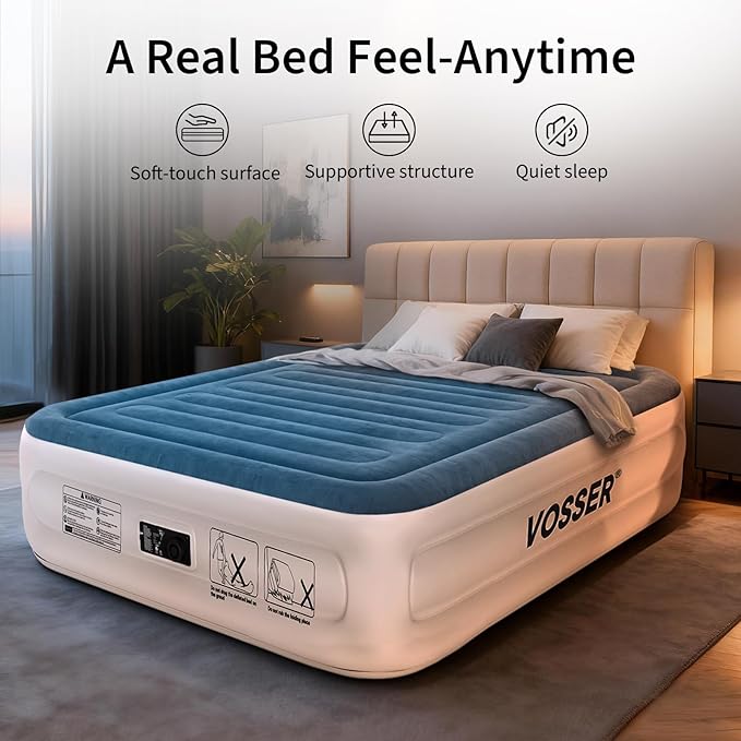 VOSSER Queen Air Mattress with Built-in Pump, Extra Thick Blow Up Mattress, Leak-Proof Air Bed with Storage Bag, Flocked Top Inflatable Mattress for Home, Camping & Guests，800lbs