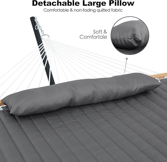 GAFETE 2 Person Hammock with Stand for Outside, Heavy Duty Steel Stand, 55inch Double Hammocks, Large Removable Pillow, Storage Bags, Max 475 lbs Capacity (Haze Gray)