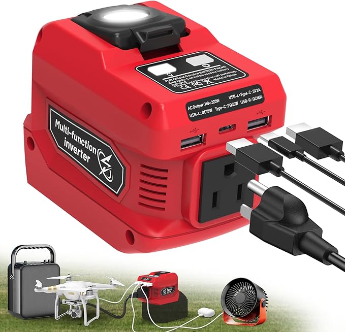 220W Power Inverter Compatible with Milwaukee 18V Battery, DC 18V to AC 110V Battery Inverter, Power Station Generator with 1 AC Outlet, 2 USB Ports & 1 Type-C Fast Charging, 400LM LED Work Light