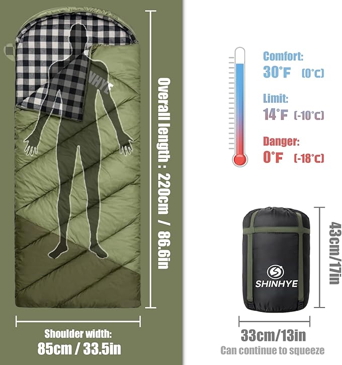 ShinHye 0 Degree Sleeping Bag for Adults - Cotton Flannel 4 Season Cold Weather Winter, XXL Big and Tall Camping Sleeping Bag with Compression Sack