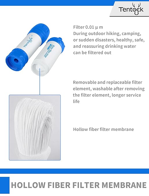 Tentock Portable Water Filter, 0.01 Micron 2-Way Survival Straw for Camping & Emergency, 1000L Capacity， Lightweight Water Purifier for Hiking, Backpacking