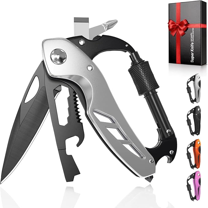9 in 1 Multitool Carabiner Pocket Knife for Men,EDC Carabiner Knife, Bottle Opener and Screwdriver, Survival Gear for Camping Hiking Gifts for Men Stocking Stuffers Gifts for Him and Her (Silver)