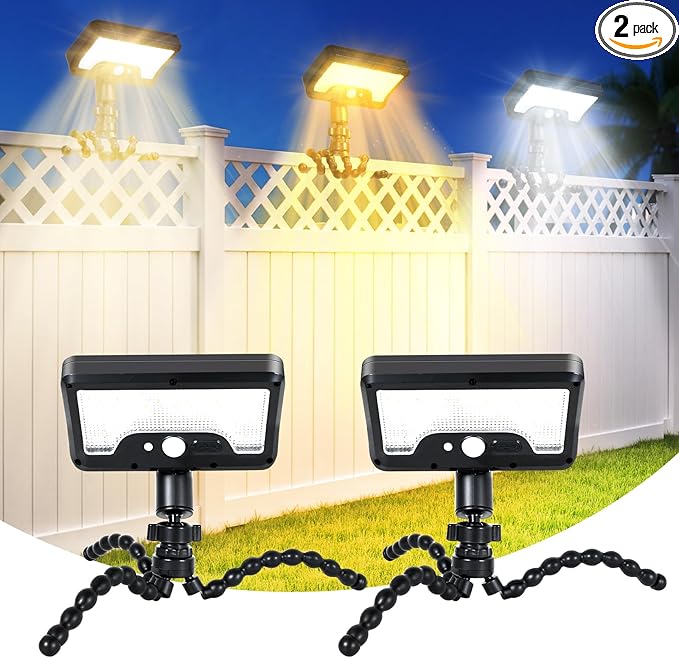 Clip On Solar Lights Outdoor, Motion Sensor Outdoor Lights, 92 LEDs 600LM Solar Fence Lights Outdoor Waterproof,Security Lights for Fence, Deck, Gutter (2, Black Octopus -3000K/5000K/6000K)