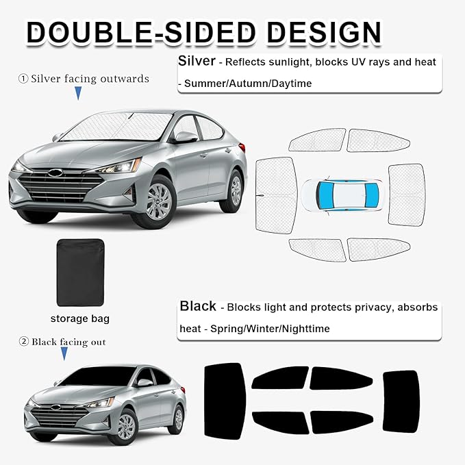KMF 6pcs Thicken Sun Shades Custom for Hyundai Elantra Sedan 2017-2020 Accessories,Full Car Window Covers Sunshade for Windshield Side Rear, UV Blocking and Blackout Privacy Camping Outdoor