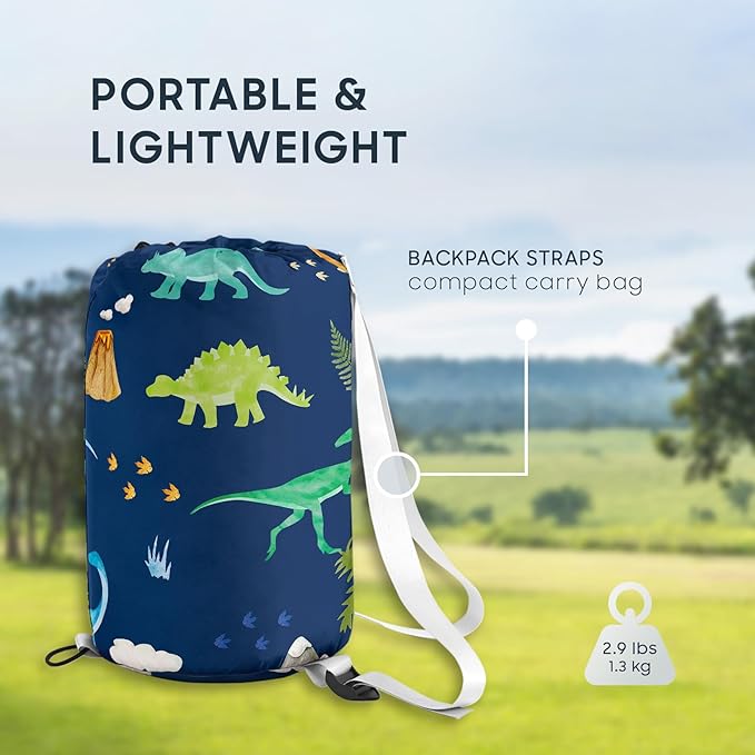Wake In Cloud - Kids Sleeping Bag for Boys Toddlers, Camping in Warm Cold Weather, Backpacking Lightweight Compact Outdoor Liner for 3 Seasons, Watercolor Dinosaurs