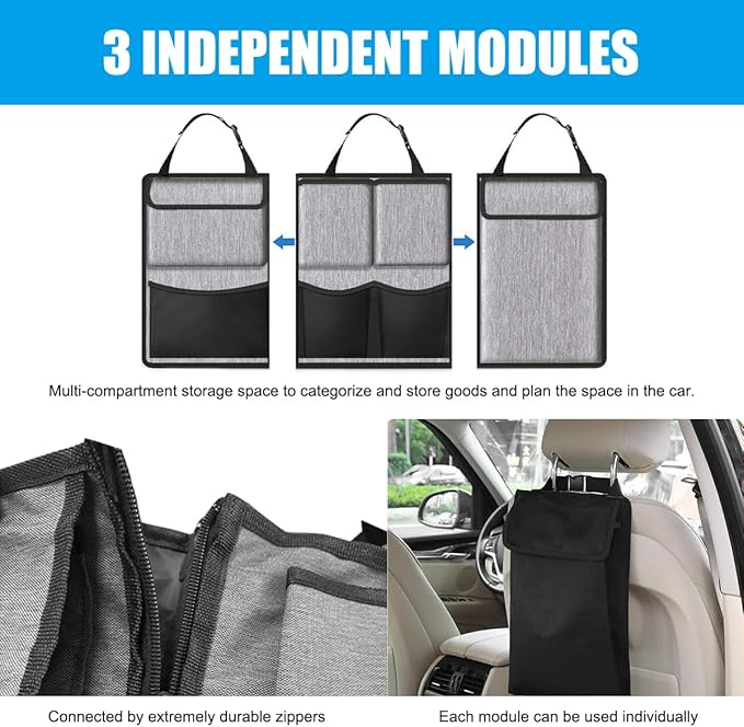 Hanging Car Trunk Organizer, Detachable Seat Back Storage Bag with Lids & 7 Large Pockets, Waterproof Space Saving Cargo Hanging Storage Container for Cars SUVs Vans (Gray)